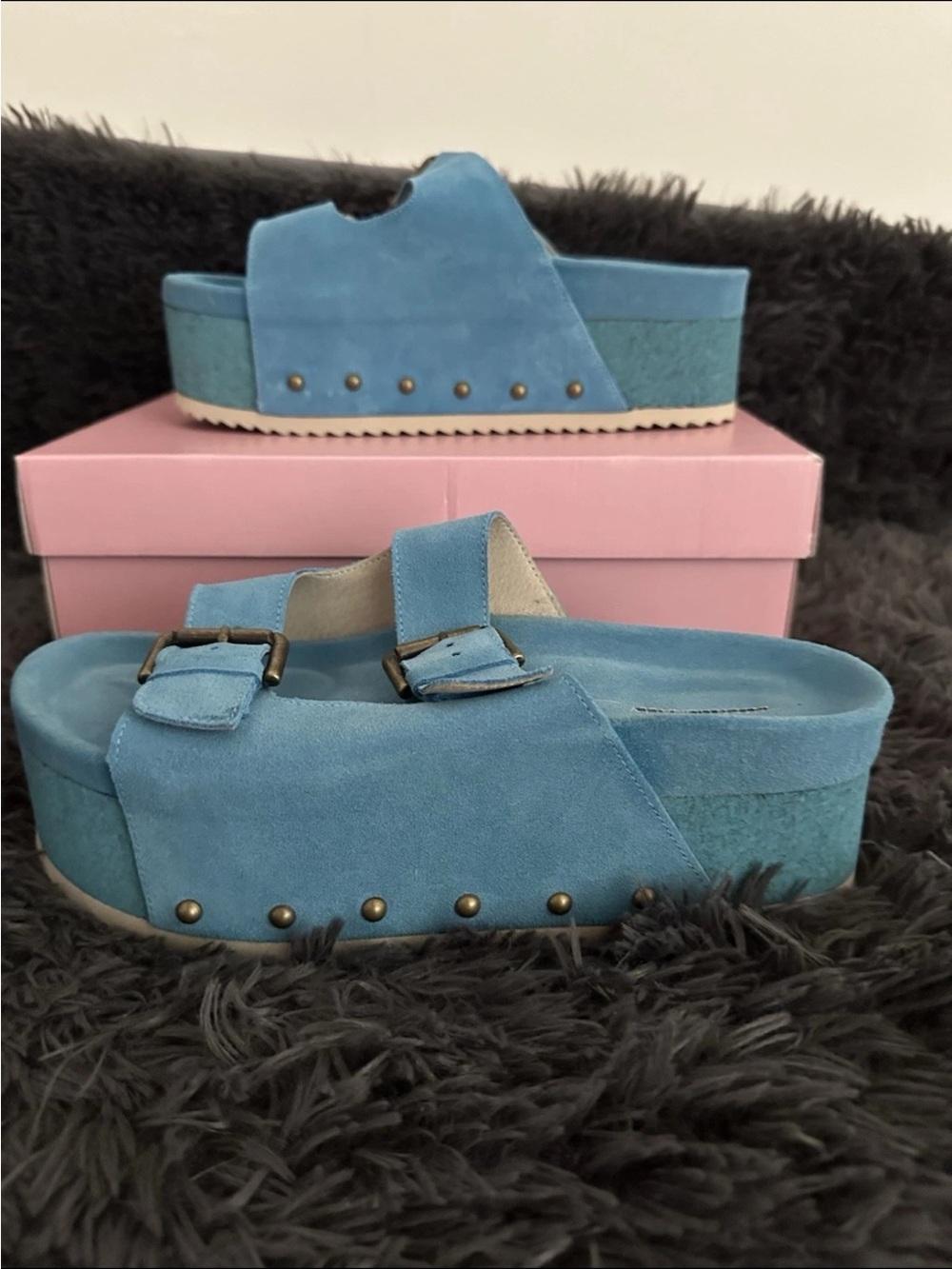 FP X Intentionally Blank Rule Breaker Flatform Sandals Suede Capri Blue Size 40